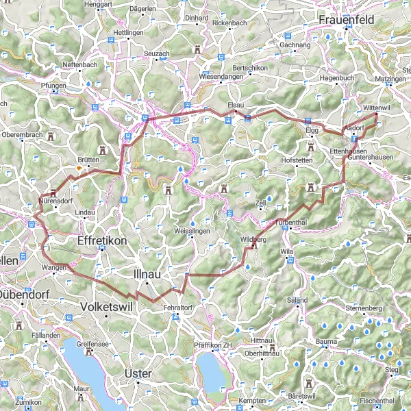 Miniatua del mapa de inspiración ciclista "Ruta por caminos de gravilla con impresionante ascenso en Matzingen" en Ostschweiz, Switzerland. Generado por Tarmacs.app planificador de rutas ciclistas
