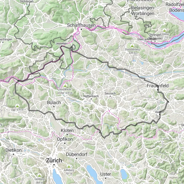 Miniaturní mapa "Matzingen - Tüebberg - Nussberg - Ottikon - Loren - Steinmaur - Heitlig - Schneehenberg - Lottstetten - Ossingen - Sangibuck - Bahnhofbrücke - Frauenfeld" inspirace pro cyklisty v oblasti Ostschweiz, Switzerland. Vytvořeno pomocí plánovače tras Tarmacs.app