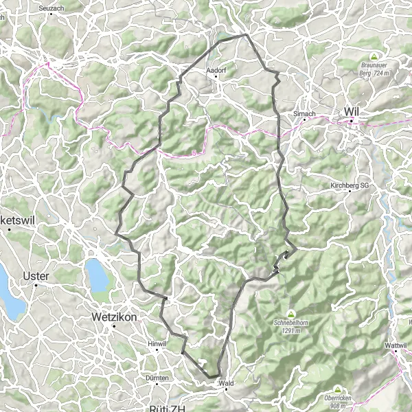 Mapa miniatúra "Jazda okolo Groot a Bachtel" cyklistická inšpirácia v Ostschweiz, Switzerland. Vygenerované cyklistickým plánovačom trás Tarmacs.app