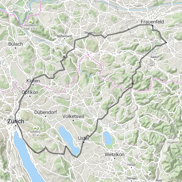 Kartminiatyr av "Zürich til Bahnhofbrücke Eventyr" sykkelinspirasjon i Ostschweiz, Switzerland. Generert av Tarmacs.app sykkelrutoplanlegger