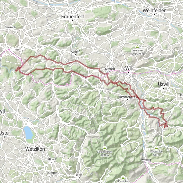 Kartminiatyr av "Skogkledde stier og pittoreske landsbyer i Ostschweiz" sykkelinspirasjon i Ostschweiz, Switzerland. Generert av Tarmacs.app sykkelrutoplanlegger