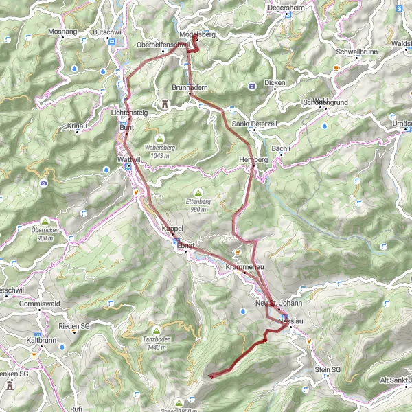 Miniatua del mapa de inspiración ciclista "Ruta de ciclismo en grava a Wattwil" en Ostschweiz, Switzerland. Generado por Tarmacs.app planificador de rutas ciclistas