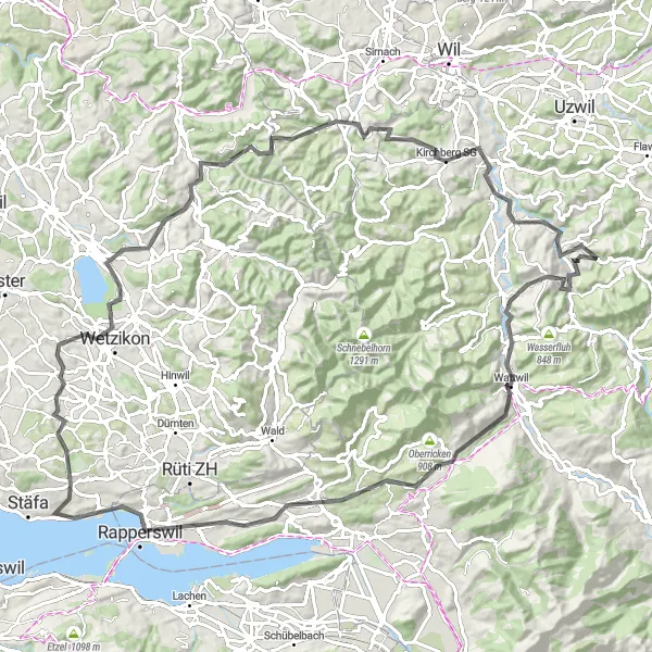 Zemljevid v pomanjšavi "Mogelsberg do Rapperswil - 107 km" kolesarske inspiracije v Ostschweiz, Switzerland. Generirano z načrtovalcem kolesarskih poti Tarmacs.app