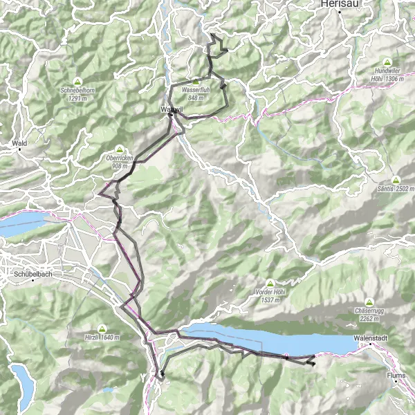 Miniatua del mapa de inspiración ciclista "Aventura en Murgbach-Wasserfall" en Ostschweiz, Switzerland. Generado por Tarmacs.app planificador de rutas ciclistas