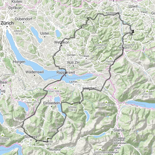 Miniatuurkaart van de fietsinspiratie "Een epische tocht door Schwyz en Fischingen" in Ostschweiz, Switzerland. Gemaakt door de Tarmacs.app fietsrouteplanner