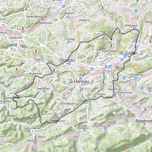 Miniatua del mapa de inspiración ciclista "Exploración en Aussichtspunkt Reservoir" en Ostschweiz, Switzerland. Generado por Tarmacs.app planificador de rutas ciclistas