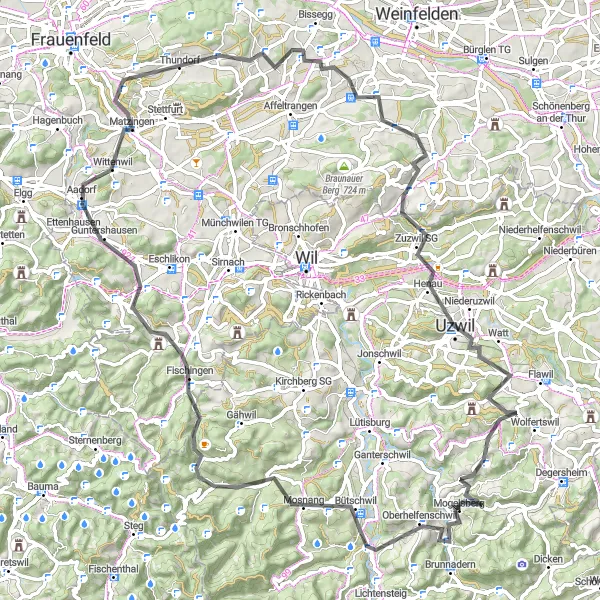 Miniatua del mapa de inspiración ciclista "Aventura campestre en Uzwil" en Ostschweiz, Switzerland. Generado por Tarmacs.app planificador de rutas ciclistas