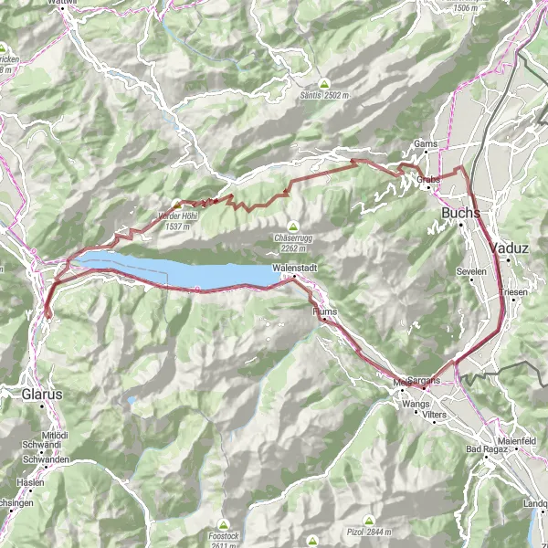Miniaturekort af cykelinspirationen "Gruscykelrute rundt om Walensee og Heidiland" i Ostschweiz, Switzerland. Genereret af Tarmacs.app cykelruteplanlægger