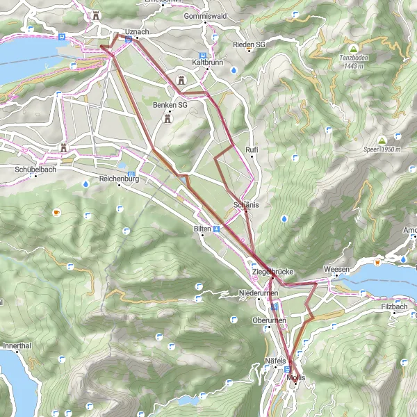 Miniatura mapy "Trasa Gravel z Mollis: Biberlichopf, Benkner Büchel, Kaltbrunn, Schänis, Näfels" - trasy rowerowej w Ostschweiz, Switzerland. Wygenerowane przez planer tras rowerowych Tarmacs.app