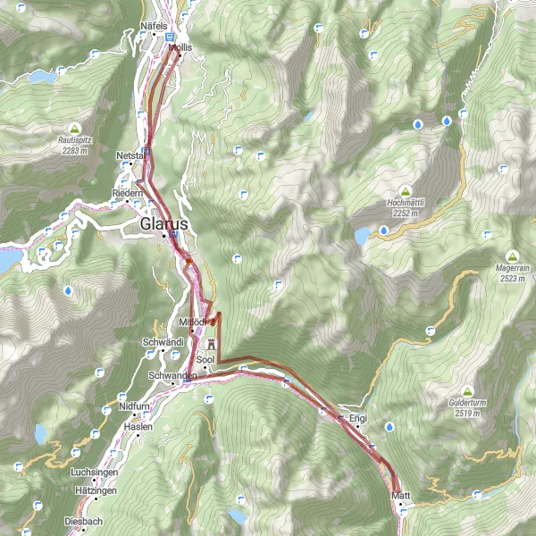 Kartminiatyr av "Utforsk Ennenda til Näfels på grusstier" sykkelinspirasjon i Ostschweiz, Switzerland. Generert av Tarmacs.app sykkelrutoplanlegger