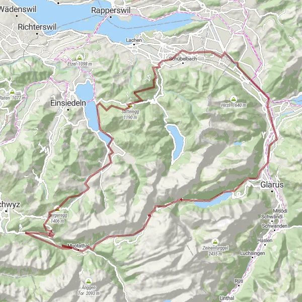 Miniatura mapy "Trasa Gravel z Mollis: Netstal, Sulzberg, Gletschermühlen, Muotathal, Illgau, Ibergeregg, Unteriberg, Büelhöchi, Siebnen, Benkner Büchel, Biberlichopf, Näfels" - trasy rowerowej w Ostschweiz, Switzerland. Wygenerowane przez planer tras rowerowych Tarmacs.app