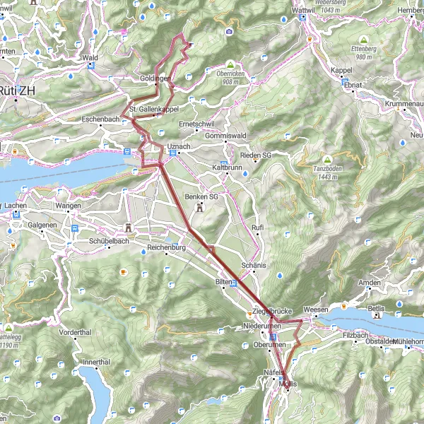 Map miniature of "Off-the-Beaten-Path Gravel Ride" cycling inspiration in Ostschweiz, Switzerland. Generated by Tarmacs.app cycling route planner