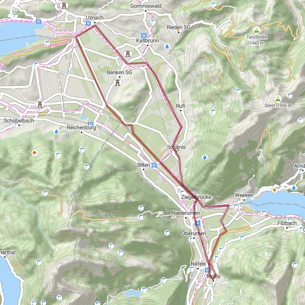 Mapa miniatúra "Gravel Route from Mollis to Näfels" cyklistická inšpirácia v Ostschweiz, Switzerland. Vygenerované cyklistickým plánovačom trás Tarmacs.app