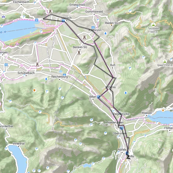 Miniaturekort af cykelinspirationen "Road trip til Ruine Uznaberg og Niederurnen" i Ostschweiz, Switzerland. Genereret af Tarmacs.app cykelruteplanlægger