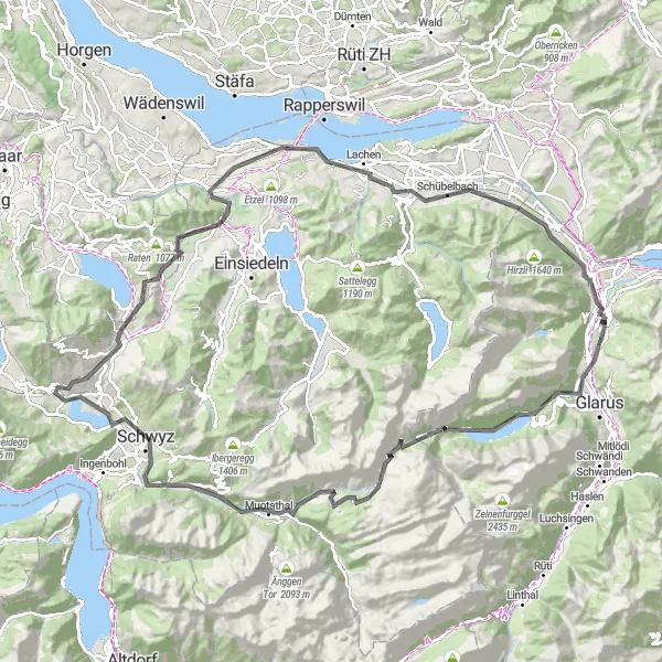 Map miniature of "Schwyz and Muotatal Round Trip" cycling inspiration in Ostschweiz, Switzerland. Generated by Tarmacs.app cycling route planner