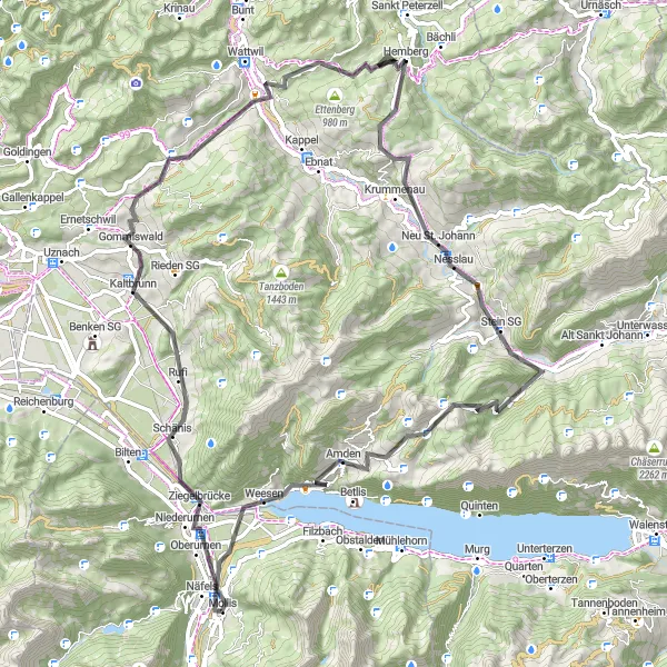 Map miniature of "Discover the Gems of Toggenburg" cycling inspiration in Ostschweiz, Switzerland. Generated by Tarmacs.app cycling route planner