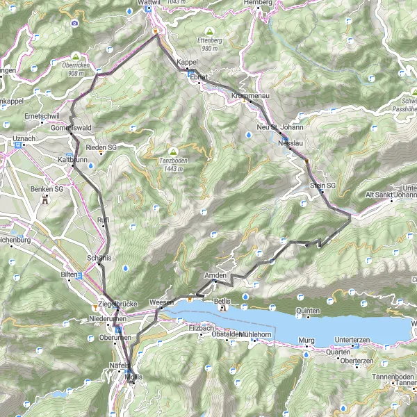 Mapa miniatúra "Road Route from Mollis to Beglingen" cyklistická inšpirácia v Ostschweiz, Switzerland. Vygenerované cyklistickým plánovačom trás Tarmacs.app
