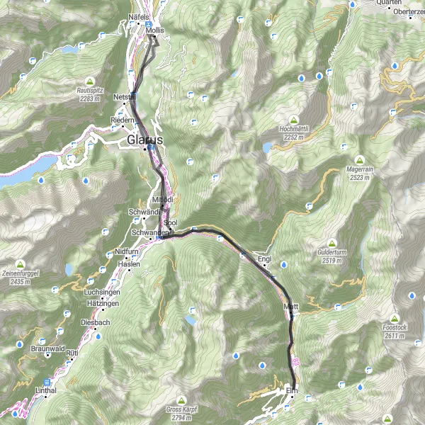 Mapa miniatúra "Road Route from Mollis to Ennenda" cyklistická inšpirácia v Ostschweiz, Switzerland. Vygenerované cyklistickým plánovačom trás Tarmacs.app