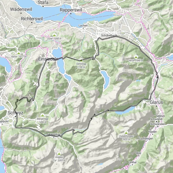 Karttaminiaatyyri "Mollis - Netstal - Einsiedeln - Schübelbach Road Trip" pyöräilyinspiraatiosta alueella Ostschweiz, Switzerland. Luotu Tarmacs.app pyöräilyreittisuunnittelijalla