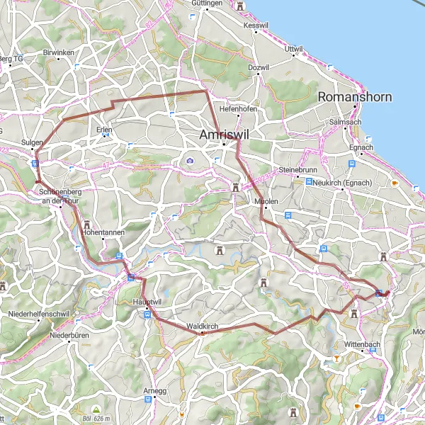 Mapa miniatúra "Gravelová túra cez Bischofszell a Amriswil" cyklistická inšpirácia v Ostschweiz, Switzerland. Vygenerované cyklistickým plánovačom trás Tarmacs.app
