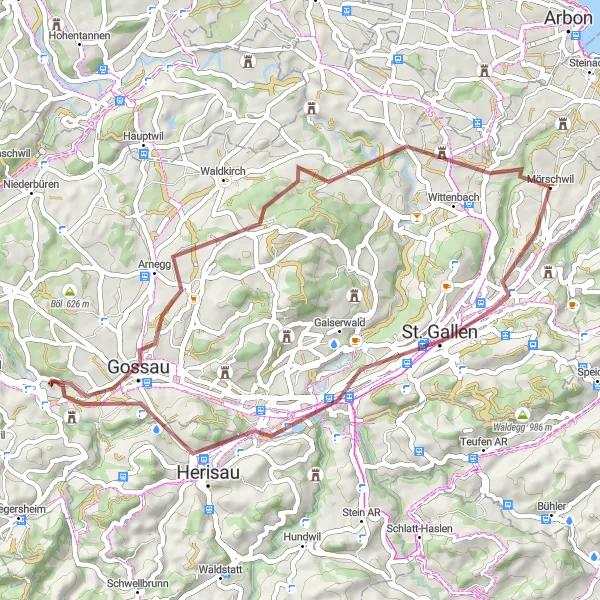 Kartminiatyr av "Sankt Gallen till Brumenau Grusväg Cykeltur" cykelinspiration i Ostschweiz, Switzerland. Genererad av Tarmacs.app cykelruttplanerare
