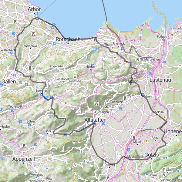Map miniature of "Rorschach – Diepoldsau – Altstätten Loop" cycling inspiration in Ostschweiz, Switzerland. Generated by Tarmacs.app cycling route planner