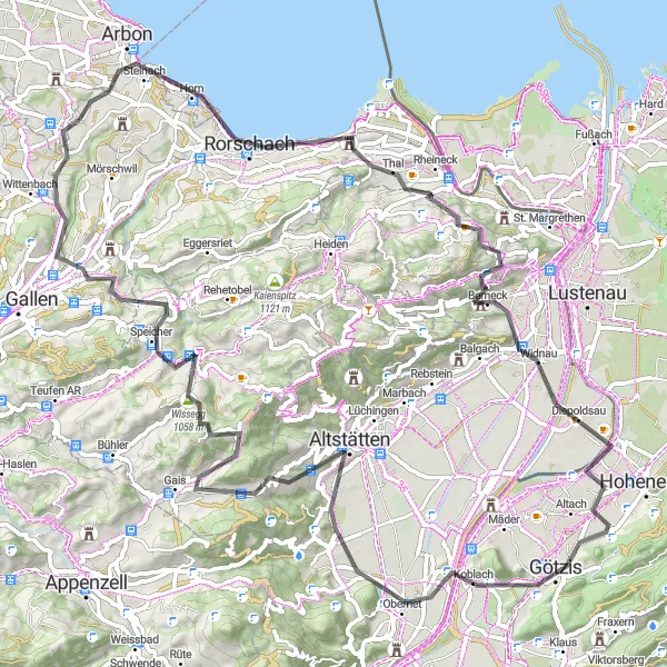 Kartminiatyr av "Roadtrip genom Altstätten och Trogen" cykelinspiration i Ostschweiz, Switzerland. Genererad av Tarmacs.app cykelruttplanerare