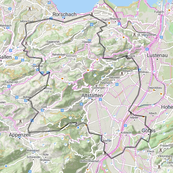 Miniatuurkaart van de fietsinspiratie "Bergtocht door Thal en Speicher" in Ostschweiz, Switzerland. Gemaakt door de Tarmacs.app fietsrouteplanner