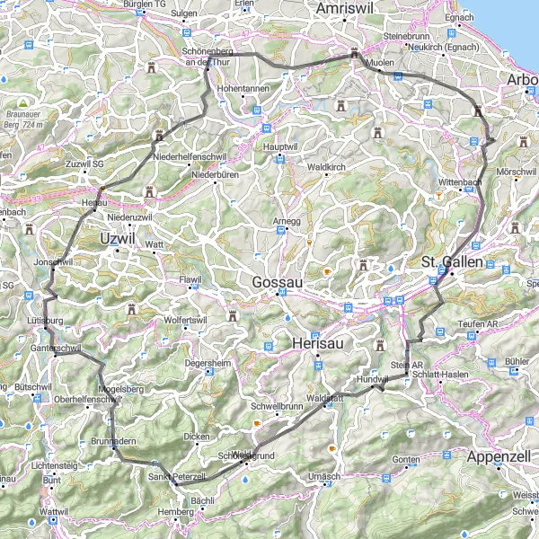 Miniatuurkaart van de fietsinspiratie "Fietsen door St. Gallen en Kybun Tower" in Ostschweiz, Switzerland. Gemaakt door de Tarmacs.app fietsrouteplanner