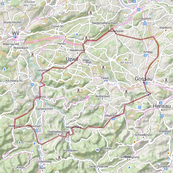 Map miniature of "Mosnang - Vogelsberg - Uzwil - Niederhelfenschwil - Gossau - Oberhelfenschwil - Bütschwil" cycling inspiration in Ostschweiz, Switzerland. Generated by Tarmacs.app cycling route planner
