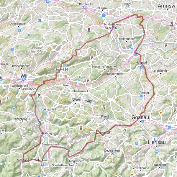 Kartminiatyr av "Sjarmerende grusvei tur" sykkelinspirasjon i Ostschweiz, Switzerland. Generert av Tarmacs.app sykkelrutoplanlegger