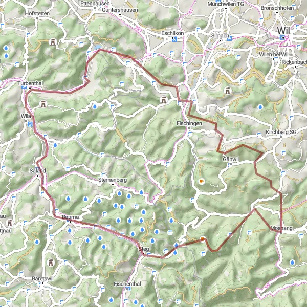 Zemljevid v pomanjšavi "Gravelska dogodivščina od Dreien do Müselbach blizu Mosnanga" kolesarske inspiracije v Ostschweiz, Switzerland. Generirano z načrtovalcem kolesarskih poti Tarmacs.app