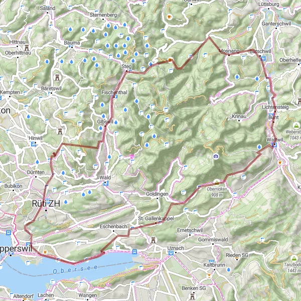 Miniatua del mapa de inspiración ciclista "Desafío Gravel por Bollingen y Fischenthal" en Ostschweiz, Switzerland. Generado por Tarmacs.app planificador de rutas ciclistas
