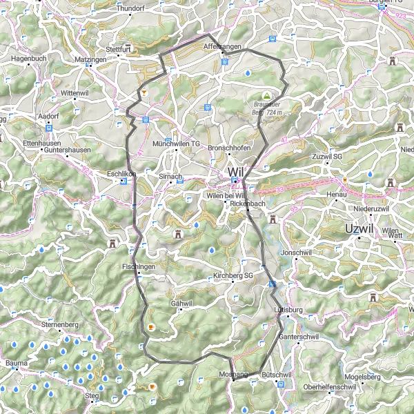Miniatua del mapa de inspiración ciclista "Ruta en Carretera Mosnang-Groot" en Ostschweiz, Switzerland. Generado por Tarmacs.app planificador de rutas ciclistas