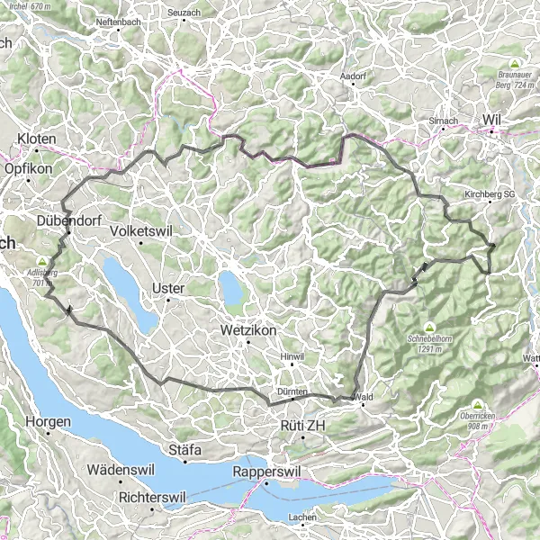 Map miniature of "Mosnang - Chatzenböl - Fischenthal - Gerbel - Grüningen - Adlisberg - Dübendorf - Birchen - Kyburg - Turbenthal - Burstel - Fischingen - Hamberg" cycling inspiration in Ostschweiz, Switzerland. Generated by Tarmacs.app cycling route planner