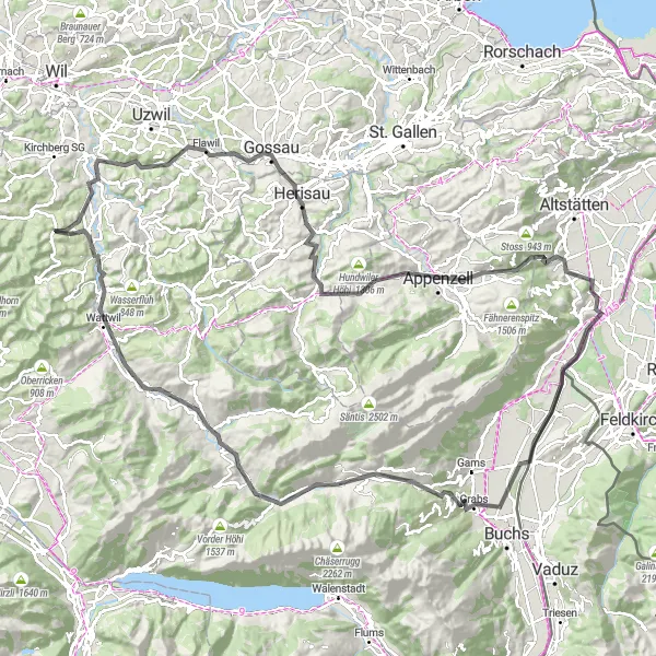 Mapa miniatúra "Zakrivene cesty Ostschweiz" cyklistická inšpirácia v Ostschweiz, Switzerland. Vygenerované cyklistickým plánovačom trás Tarmacs.app