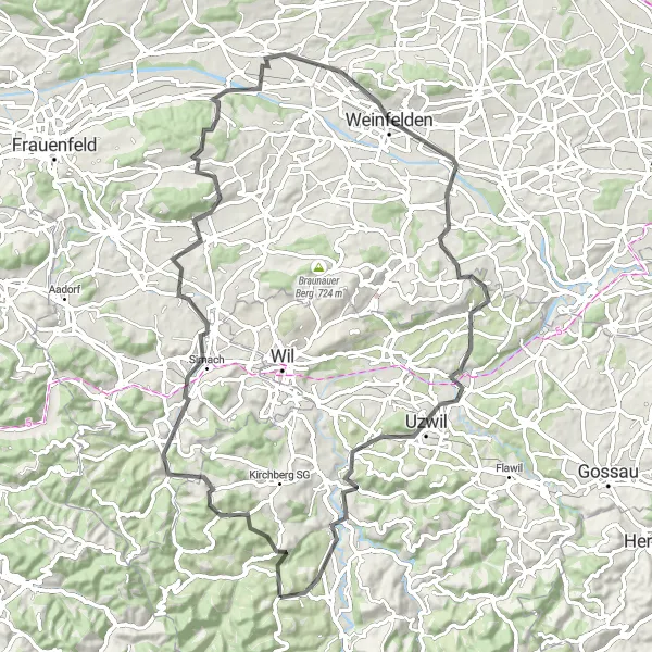 Miniatua del mapa de inspiración ciclista "Ruta en Carretera Mosnang-Fischingen" en Ostschweiz, Switzerland. Generado por Tarmacs.app planificador de rutas ciclistas