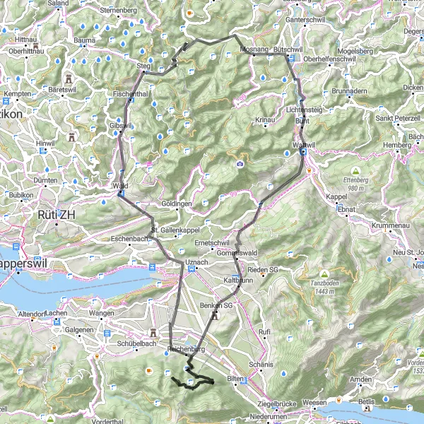 Map miniature of "Mosnang - Wattwil - Unterer Lindberg - Benken SG - Rotberg - Reichenburg - Wald - Fischenthal - Chatzenböl - Dreien" cycling inspiration in Ostschweiz, Switzerland. Generated by Tarmacs.app cycling route planner