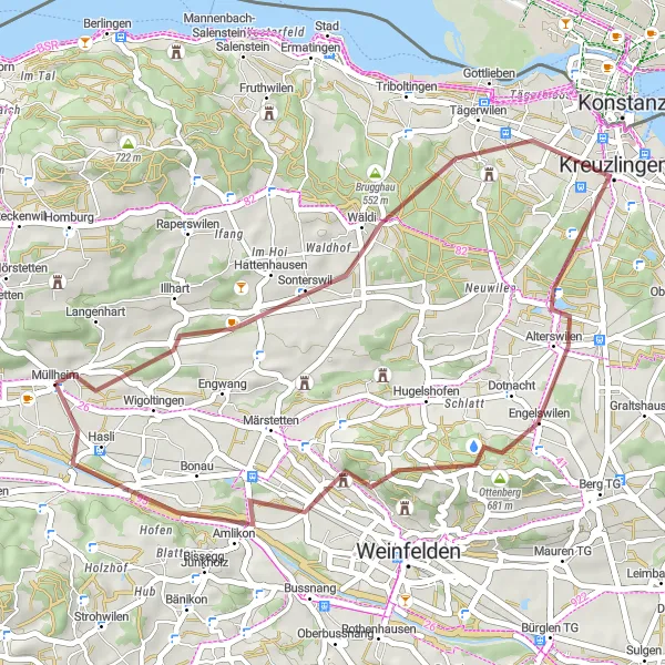 Kartminiatyr av "Äventyrlig runda genom Tägerwilen och Ottenberg" cykelinspiration i Ostschweiz, Switzerland. Genererad av Tarmacs.app cykelruttplanerare