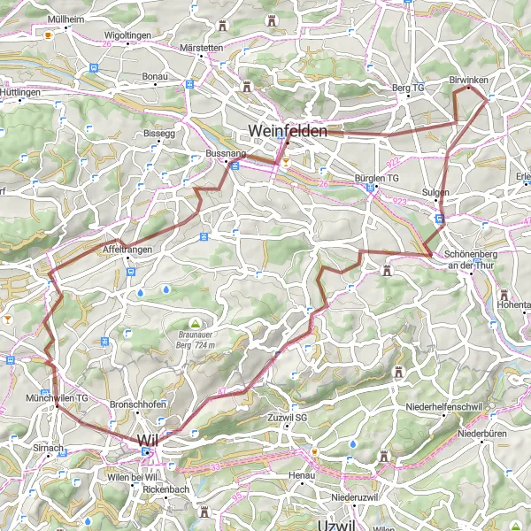 Miniatura della mappa di ispirazione al ciclismo "Tour nelle valli: da Münchwilen a Wil attraverso paesaggi rurali" nella regione di Ostschweiz, Switzerland. Generata da Tarmacs.app, pianificatore di rotte ciclistiche