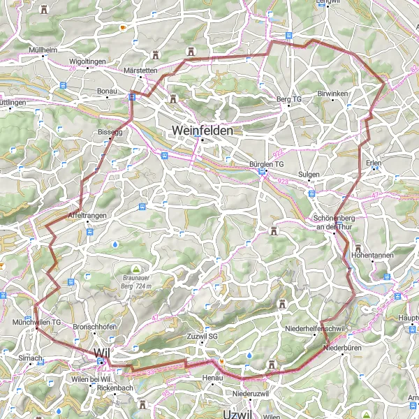 Kartminiatyr av "Grusvägar och Historiska Platser" cykelinspiration i Ostschweiz, Switzerland. Genererad av Tarmacs.app cykelruttplanerare