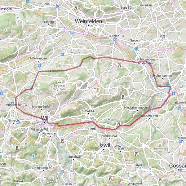Miniaturekort af cykelinspirationen "Eventyrlig Grusvejstur rundt om Münchwilen" i Ostschweiz, Switzerland. Genereret af Tarmacs.app cykelruteplanlægger