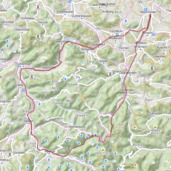 Miniatua del mapa de inspiración ciclista "Ruta de ciclismo de grava a través de la naturaleza virgen" en Ostschweiz, Switzerland. Generado por Tarmacs.app planificador de rutas ciclistas