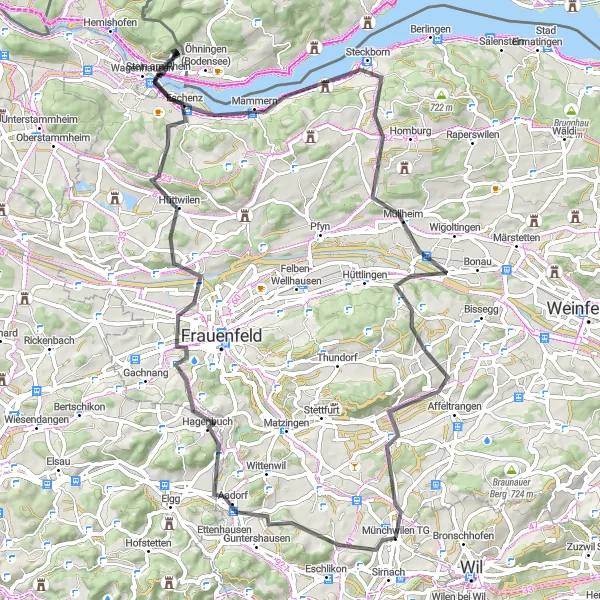 Miniatua del mapa de inspiración ciclista "Ruta de 77 km en carretera desde Münchwilen" en Ostschweiz, Switzerland. Generado por Tarmacs.app planificador de rutas ciclistas