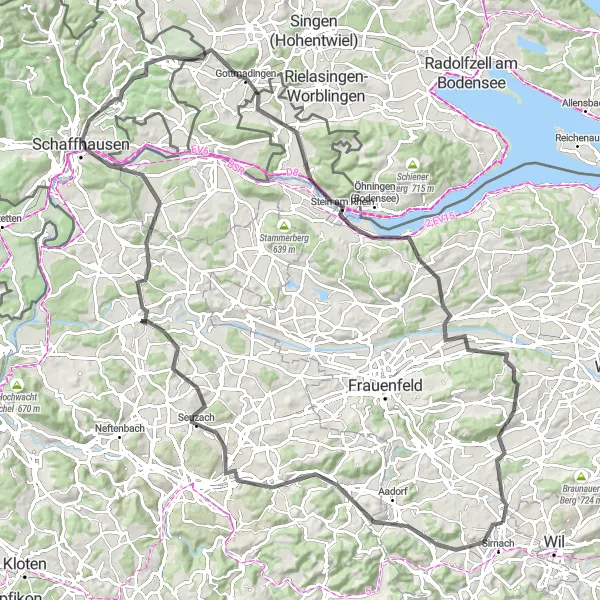 Zemljevid v pomanjšavi "Scenic road loop near Münchwilen" kolesarske inspiracije v Ostschweiz, Switzerland. Generirano z načrtovalcem kolesarskih poti Tarmacs.app