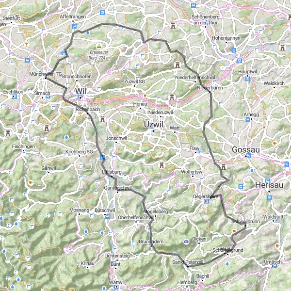 Miniature de la carte de l'inspiration cycliste "A la conquête des sommets" dans la Ostschweiz, Switzerland. Générée par le planificateur d'itinéraire cycliste Tarmacs.app