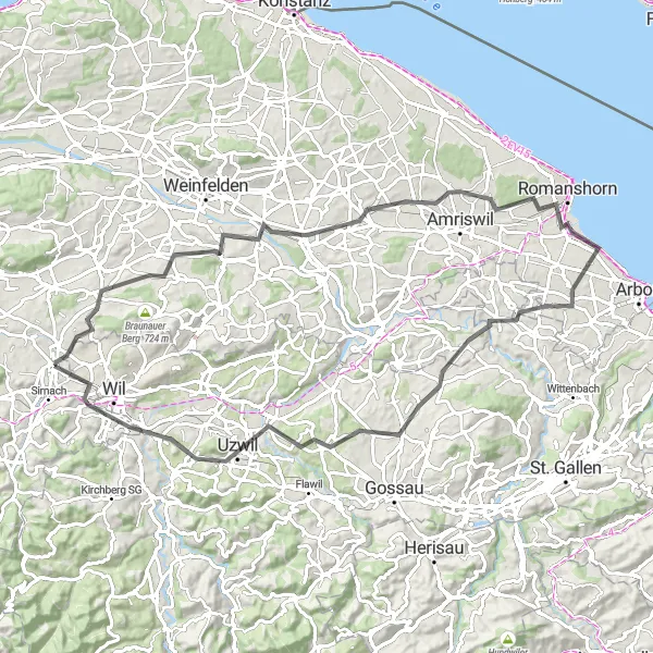 Miniatua del mapa de inspiración ciclista "Ruta de 83 km en carretera desde Münchwilen" en Ostschweiz, Switzerland. Generado por Tarmacs.app planificador de rutas ciclistas
