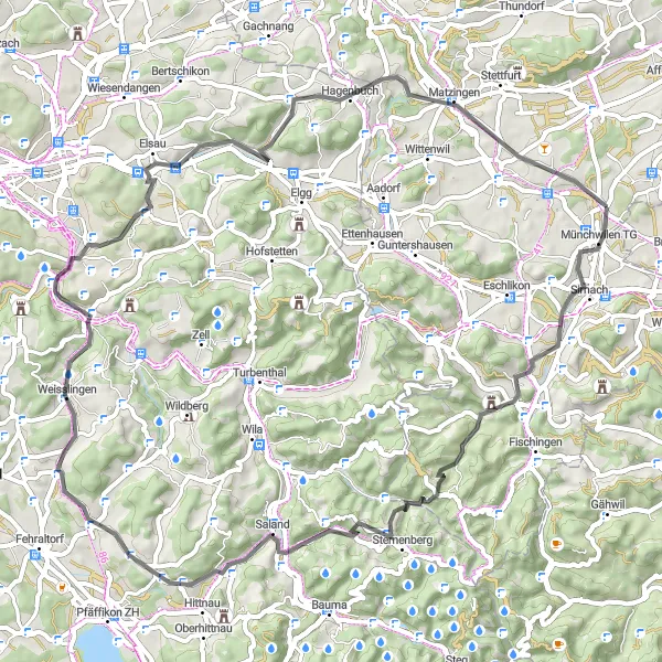 Karttaminiaatyyri "Münchwilen TG - Matzingen - Dammbüel Cycling Route" pyöräilyinspiraatiosta alueella Ostschweiz, Switzerland. Luotu Tarmacs.app pyöräilyreittisuunnittelijalla