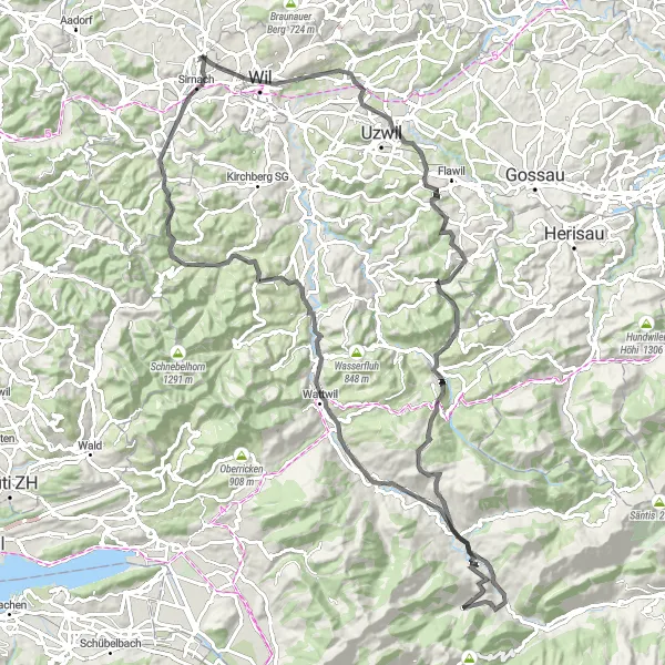 Karttaminiaatyyri "Wil - Wattwil - Fischingen Cycling Route" pyöräilyinspiraatiosta alueella Ostschweiz, Switzerland. Luotu Tarmacs.app pyöräilyreittisuunnittelijalla