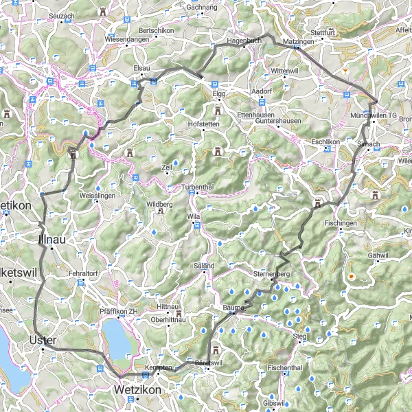 Karttaminiaatyyri "Münchwilen TG - Matzingen - Dammbüel Cycling Route" pyöräilyinspiraatiosta alueella Ostschweiz, Switzerland. Luotu Tarmacs.app pyöräilyreittisuunnittelijalla